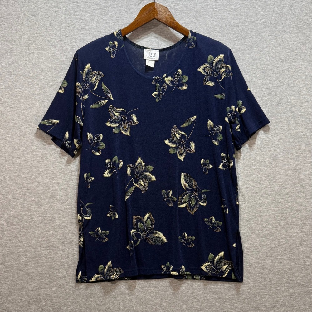 Jostar Floral Top Womens Large‎ Navy Blue Slinky Knit Short Sleeve Casual Mature